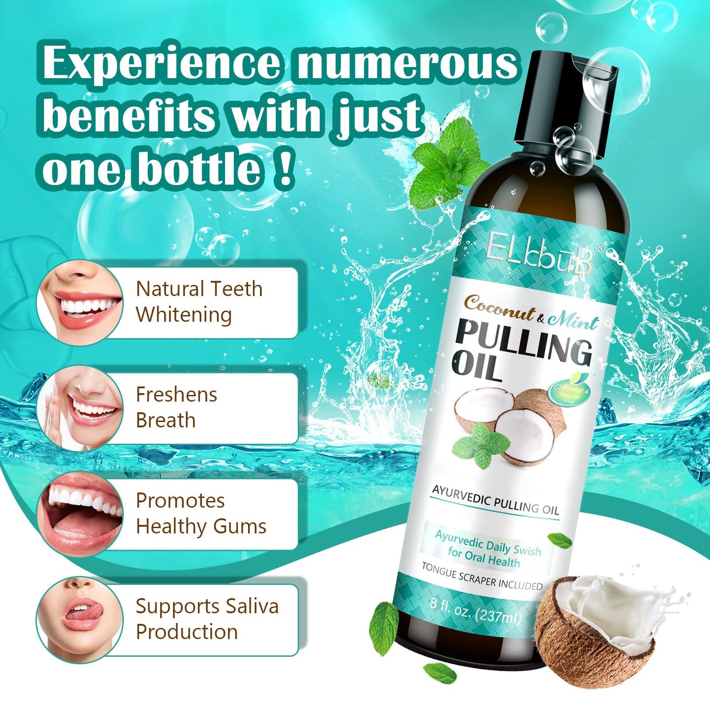 Coconut Pulling Oil with Ayurvedic Mint – Oil Pulling Mouthwash with Tongue Scraper | Fresh Breath, Teeth Whitening & Healthy Gums | Alcohol-Free 8 Fl Oz 2-Pack