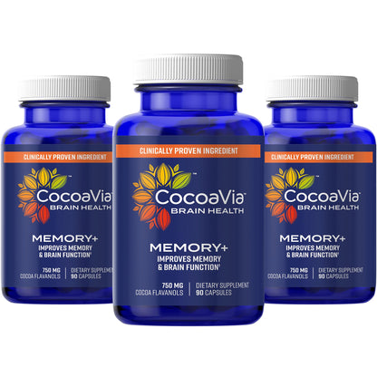 CocoaVia Memory+ Brain Supplement - 90 Day, 750 mg Cocoa Flavanols, Vegan & Gluten Free, 3-Pack