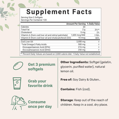 Cod Liver Oil 2,000mg – 360 Burpless Lemon Softgels | Omega-3 EPA/DHA, Vitamins A & D3