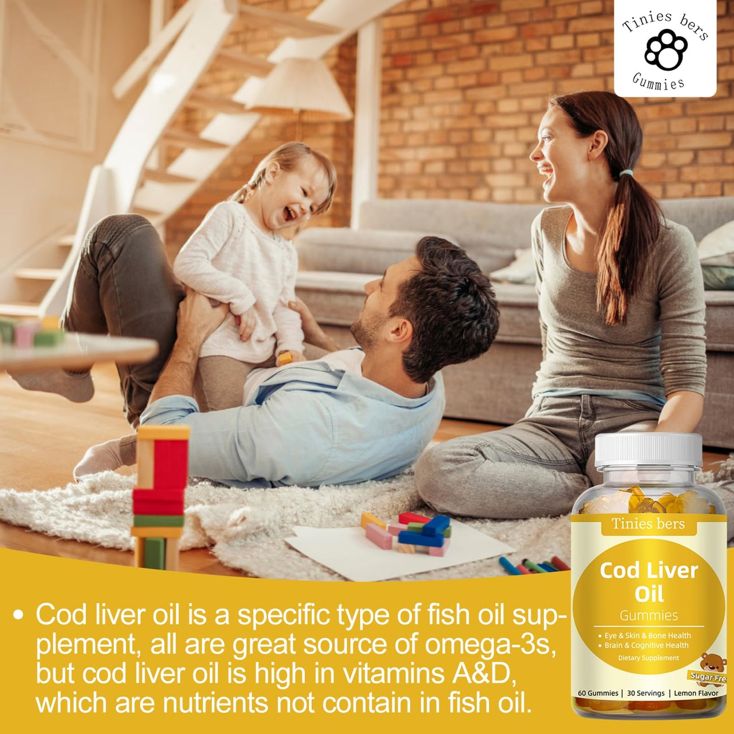 Cod Liver Oil Gummies 1000mg – Sugar Free, Omega-3s, Vitamins A & D | Adults & Kids | Gluten Free, Non-GMO, Pectin | 60 Count