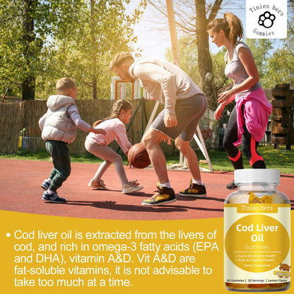 Cod Liver Oil Gummies 1000mg – Sugar Free, Omega-3s, Vitamins A & D | Adults & Kids | Gluten Free, Non-GMO, Pectin | 60 Count