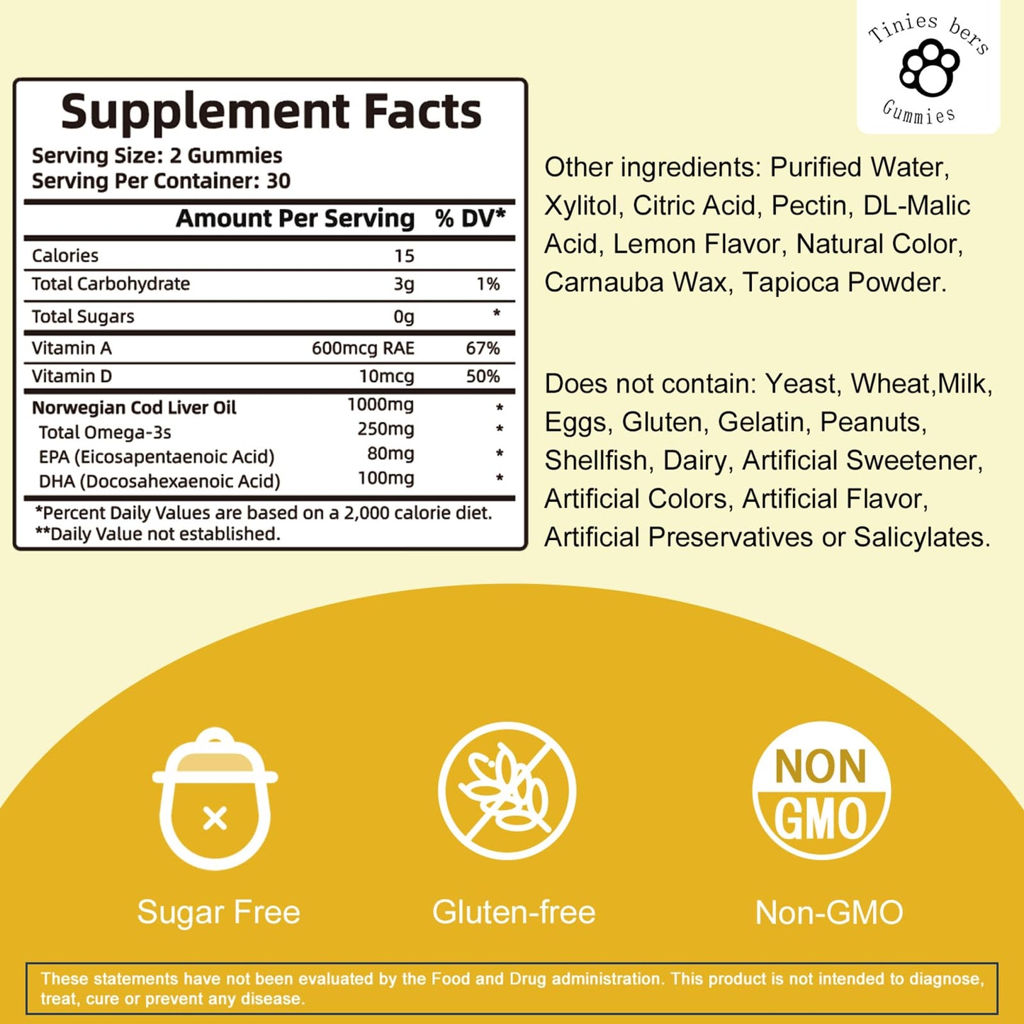 Cod Liver Oil Gummies 1000mg – Sugar Free, Omega-3s, Vitamins A & D | Adults & Kids | Gluten Free, Non-GMO, Pectin | 60 Count