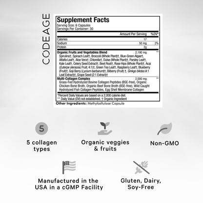 Codeage Multi Collagen Protein + Organic Raw Greens Capsules – 5 Types, 21 Fruits & Veggies, Grass-Fed Hydrolyzed Collagen, 180 Count