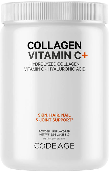 Codeage Collagen Peptides Powder + Vitamin C – Grass-Fed, Unflavored, 20g per Serving, 9.98 oz