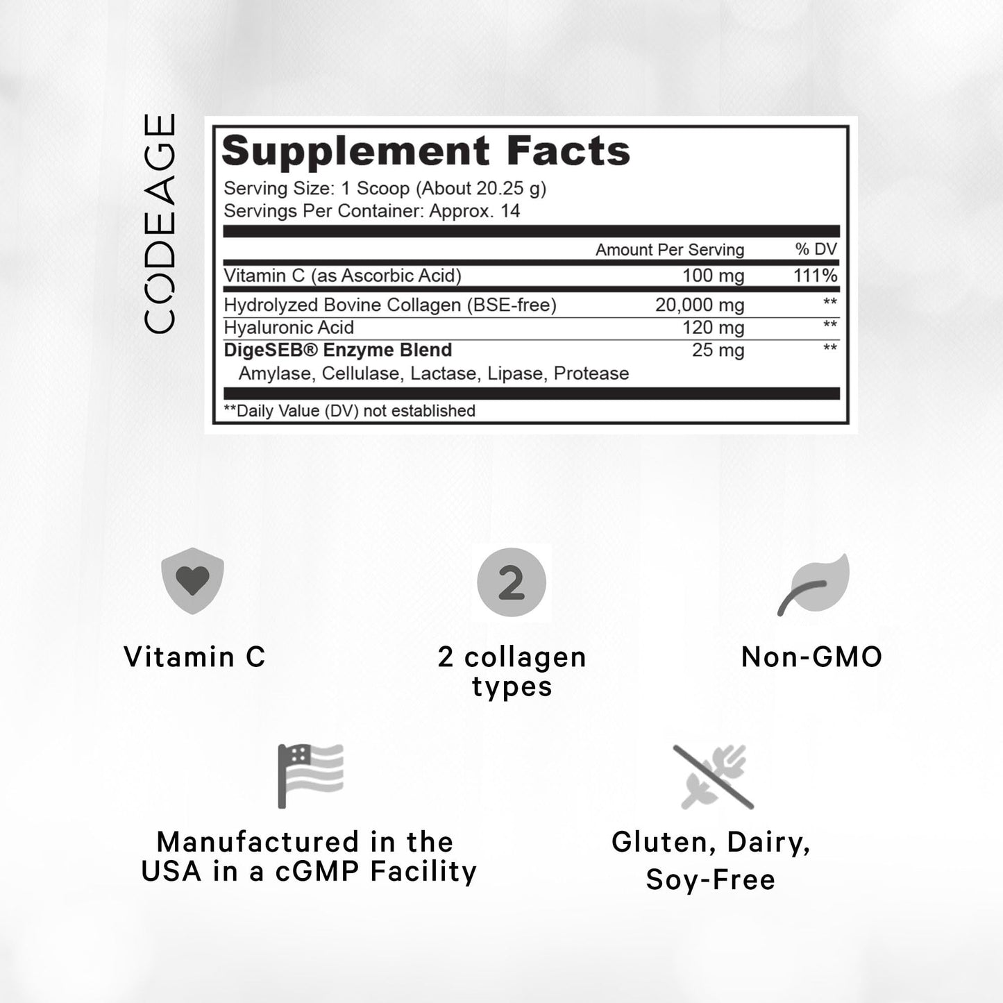 Codeage Collagen Peptides Powder + Vitamin C – Grass-Fed, Unflavored, 20g per Serving, 9.98 oz