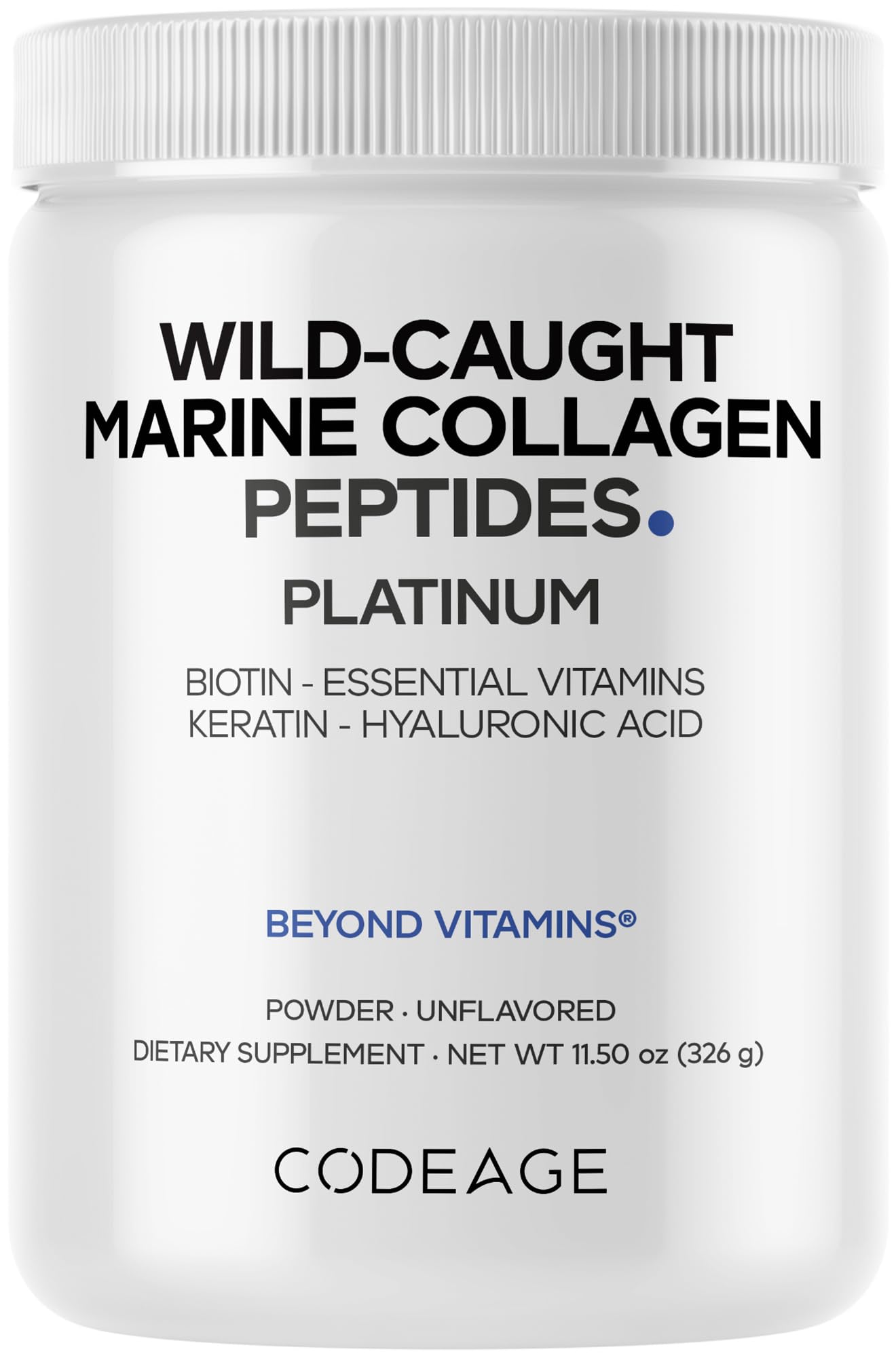 Codeage Marine Collagen Platinum — Wild-Caught Marine Collagen Peptides with Biotin 10,000 mcg, Vitamin C, D3 & B6, Keratin & Hyaluronic Acid (Non-GMO, 11.5 oz)