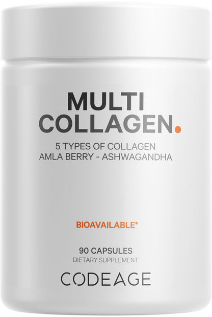Codeage Multi Collagen Capsules – 5 Types, Grass-Fed & Hydrolyzed, Ashwagandha & Amla Berry, 90 Capsules