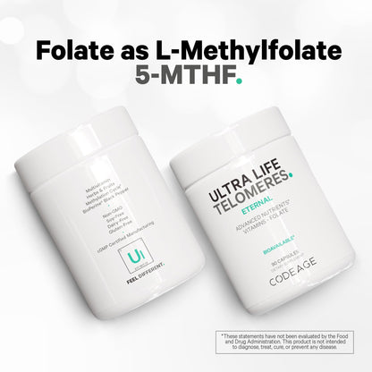 Codeage Ultra Life Telomeres Supplement – 5-MTHF Folate, B12 Methylcobalamin, D3, L-Theanine, Ashwagandha • 3-Month Supply
