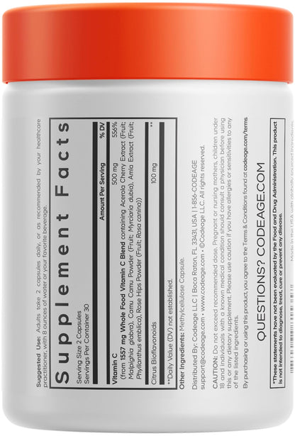 Codeage Whole Food Vitamin C Supplement — Acerola, Camu Camu, Amla & Rose Hips, 500mg, 60 Capsules