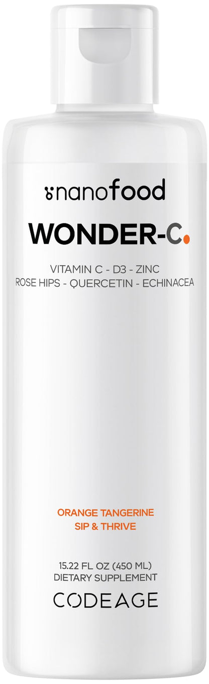 Codeage Nanofood Wonder-C Liposomal Vitamin C 1000mg – D3, E & Zinc | Rose Hips, Quercetin, Echinacea | Non-GMO, 15.22 fl oz