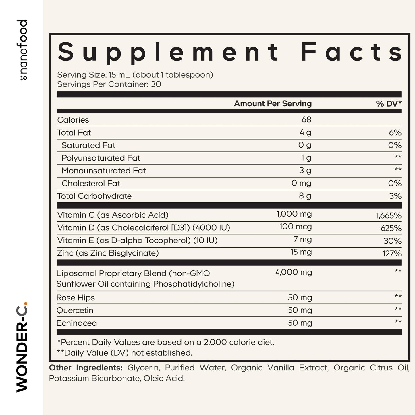 Codeage Nanofood Wonder-C Liposomal Vitamin C 1000mg – D3, E & Zinc | Rose Hips, Quercetin, Echinacea | Non-GMO, 15.22 fl oz