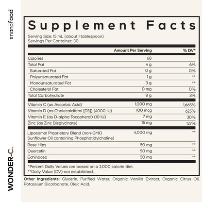 Codeage Nanofood Wonder-C Liposomal Vitamin C 1000mg – D3, E & Zinc | Rose Hips, Quercetin, Echinacea | Non-GMO, 15.22 fl oz