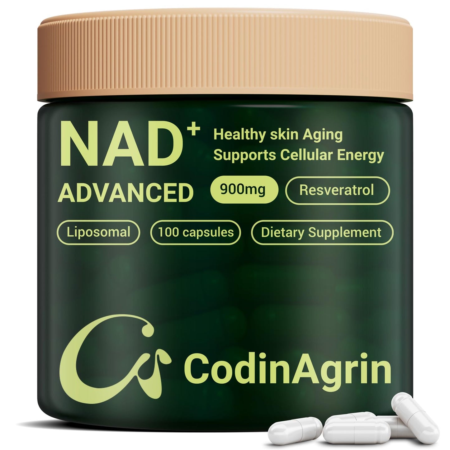 CodinAgrin NAD+ Supplement with Resveratrol 900mg | Cellular Energy, Anti-Aging & Mental Clarity | Non-GMO, Vegetarian | 100 Capsules
