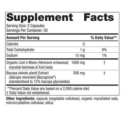 Nordic Naturals Cognition Mushroom Complex – Lion’s Mane & Bacopa, Unflavored, 60 Capsules