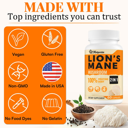 50X Strength Lions Mane 1400mg | Memory & Focus Brain Supplement - 60 Capsules