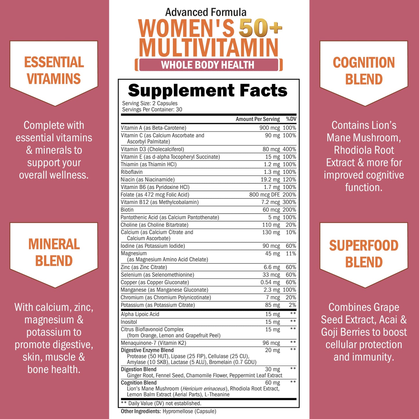 Daily Multivitamin for Women 50+ – Memory Support & Immune Health | 60 Capsules