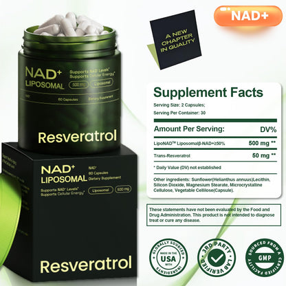 Cohbskj NMNH NAD Nicotinamide Riboside Resveratrol Liposomal NAD+ – 60 Capsules (30-Day Supply)