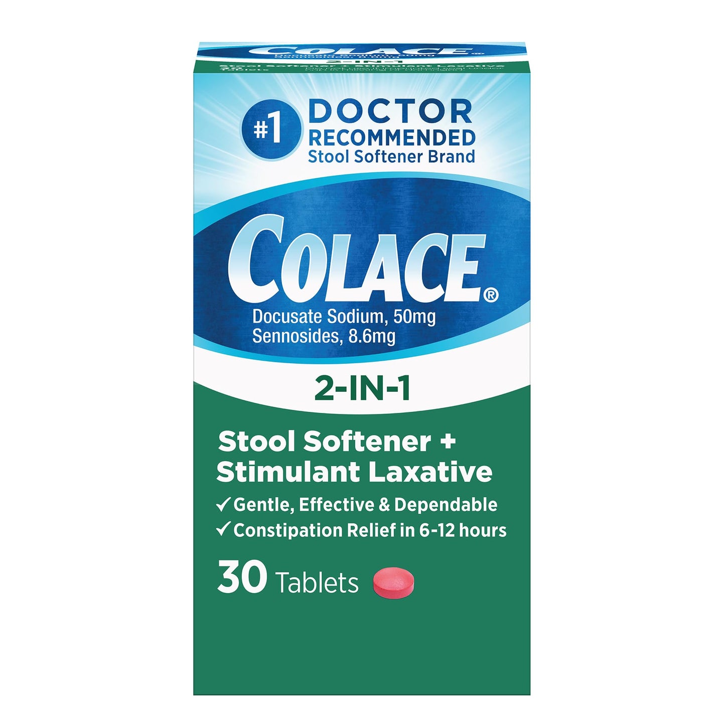 Colace 2-In-1 Stool Softener & Stimulant Laxative Tablets – Gentle Relief in 6-12 Hours (30 Count)