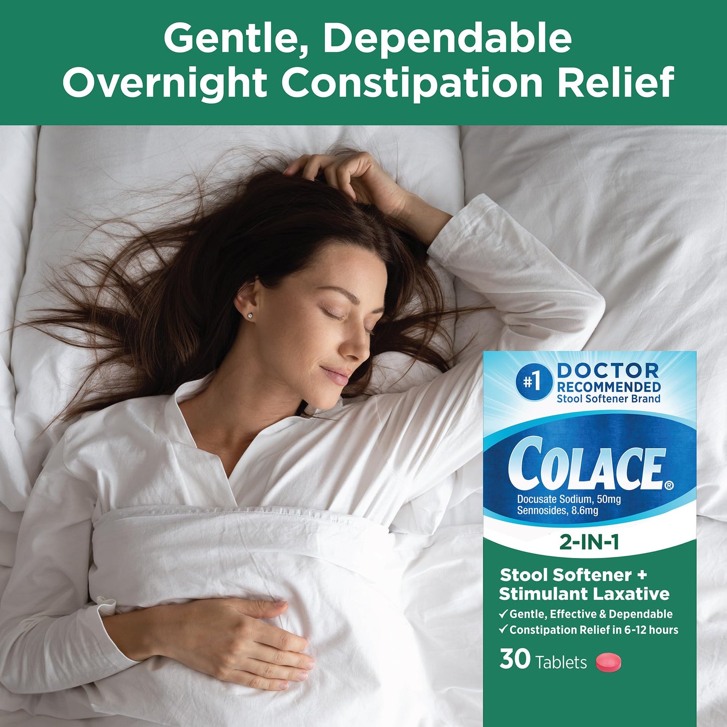 Colace 2-In-1 Stool Softener & Stimulant Laxative Tablets – Gentle Relief in 6-12 Hours (30 Count)