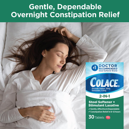 Colace 2-In-1 Stool Softener & Stimulant Laxative Tablets – Gentle Relief in 6-12 Hours (30 Count)