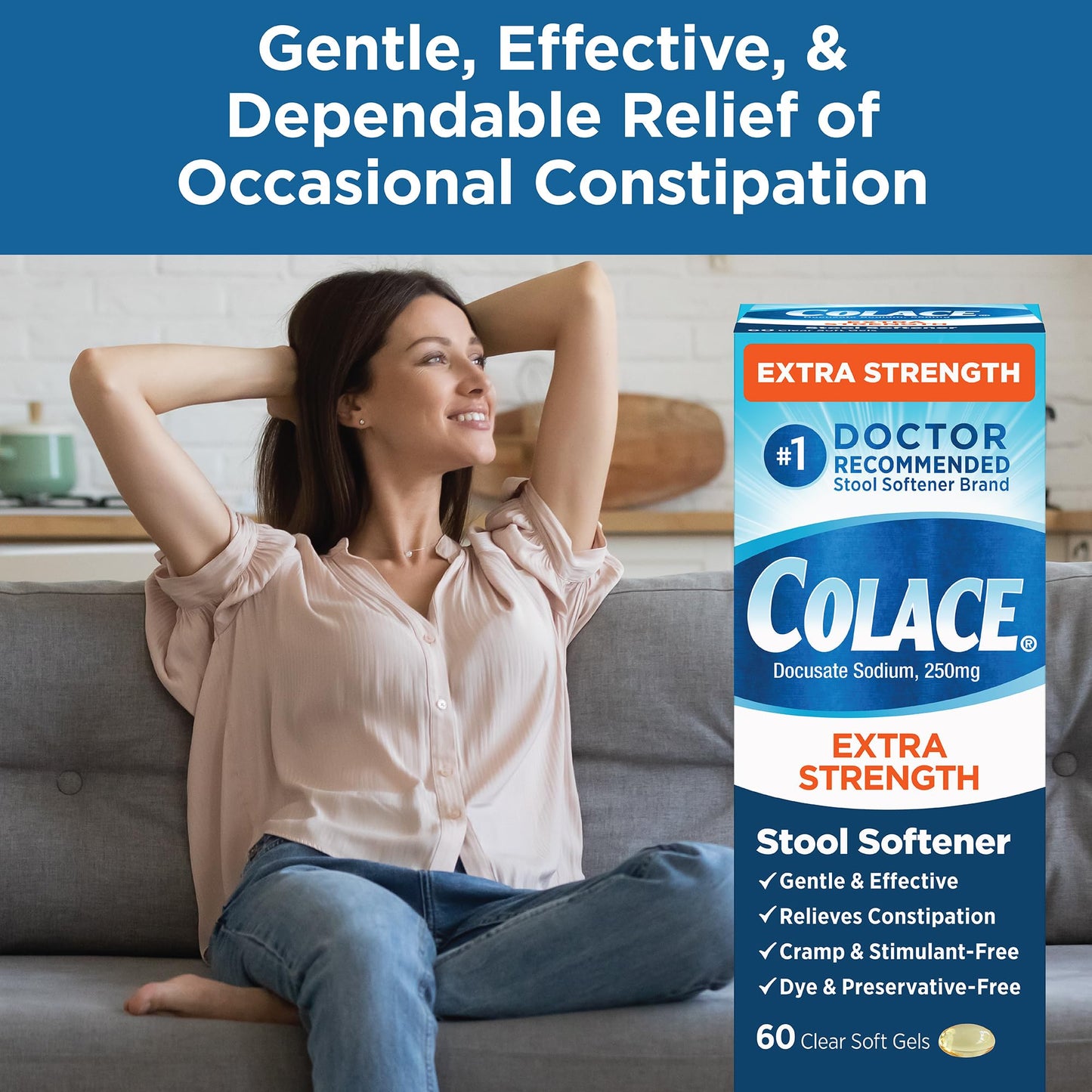 Colace Extra Strength Stool Softener – Gentle Relief, 250 mg, 60 Softgels