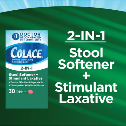 Colace 2-In-1 Stool Softener & Stimulant Laxative Tablets – Gentle Relief in 6-12 Hours (30 Count)