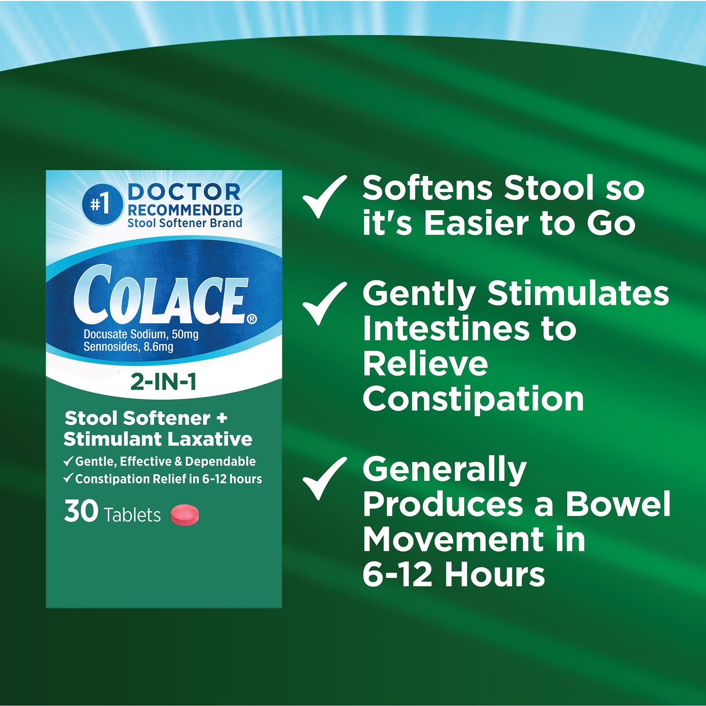 Colace 2-In-1 Stool Softener & Stimulant Laxative Tablets – Gentle Relief in 6-12 Hours (30 Count)