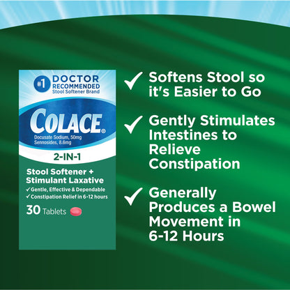 Colace 2-In-1 Stool Softener & Stimulant Laxative Tablets – Gentle Relief in 6-12 Hours (30 Count)