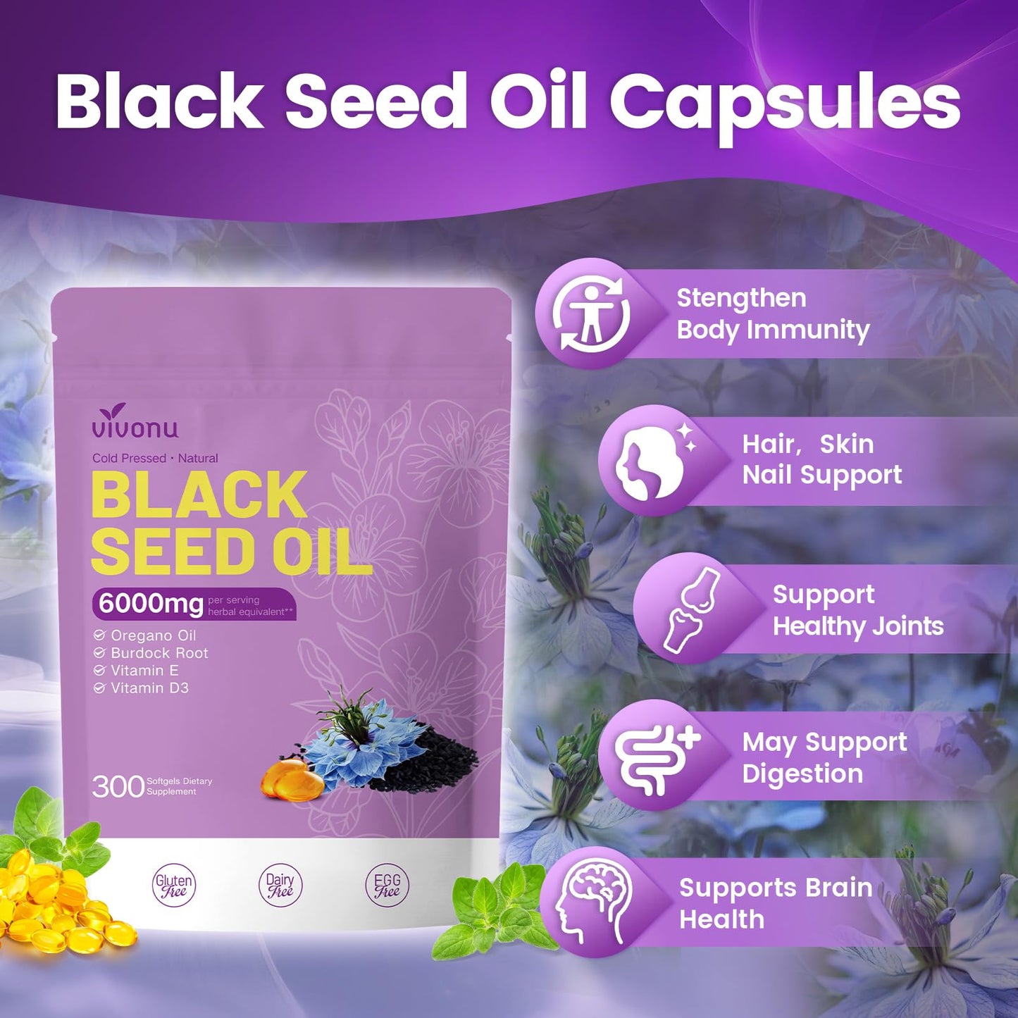 VivoNu Black Seed Oil Capsules – 6000mg, 300 Count | 9-in-1 Immune Support