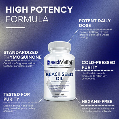 Research Verified Black Seed Oil - 90 Softgels | Cold-Pressed 2% Thymoquinone (TQ) for Immunity, Digestion & Respiratory Support