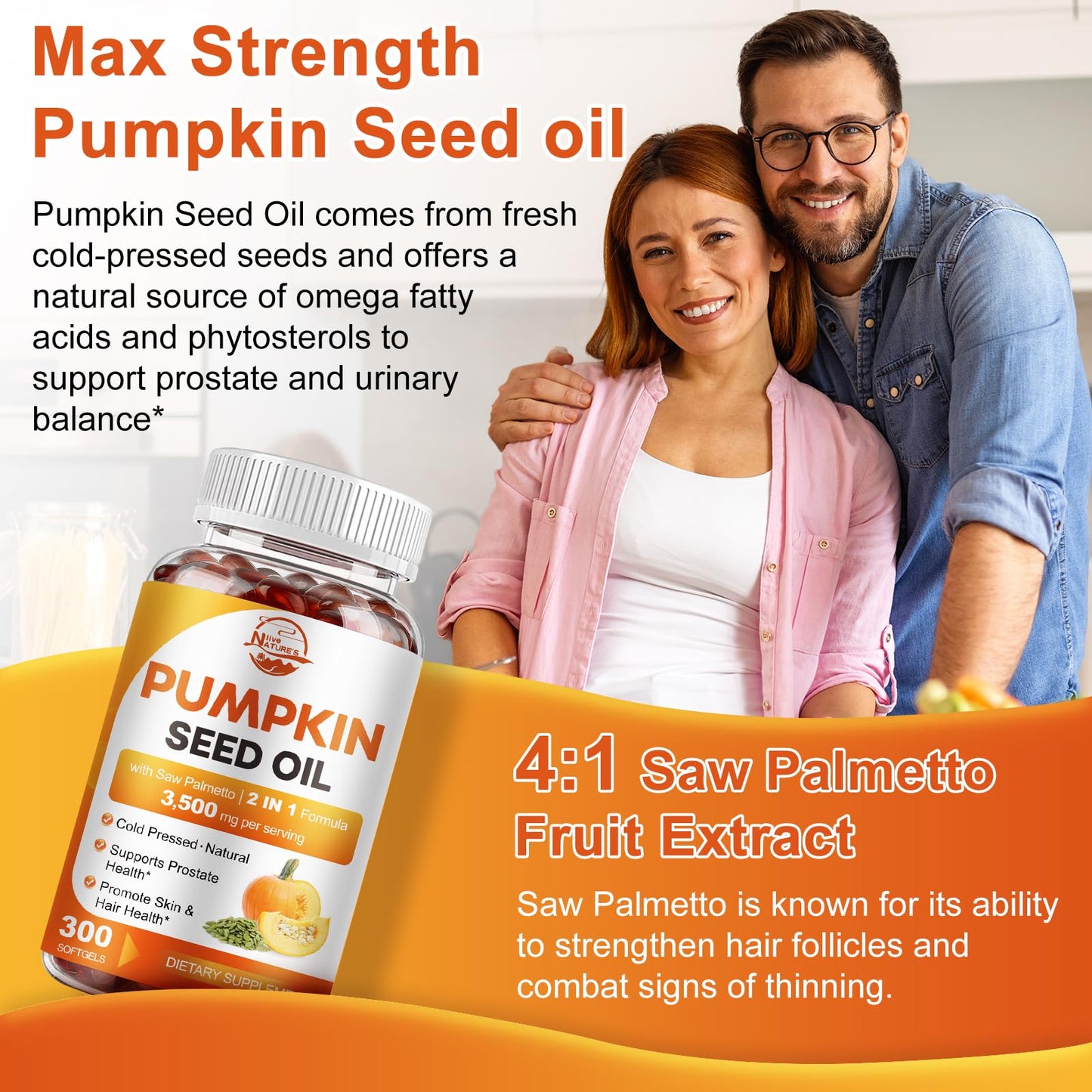 Pumpkin Seed Oil with Saw Palmetto 3500mg Softgels, 300ct, Cold-Pressed