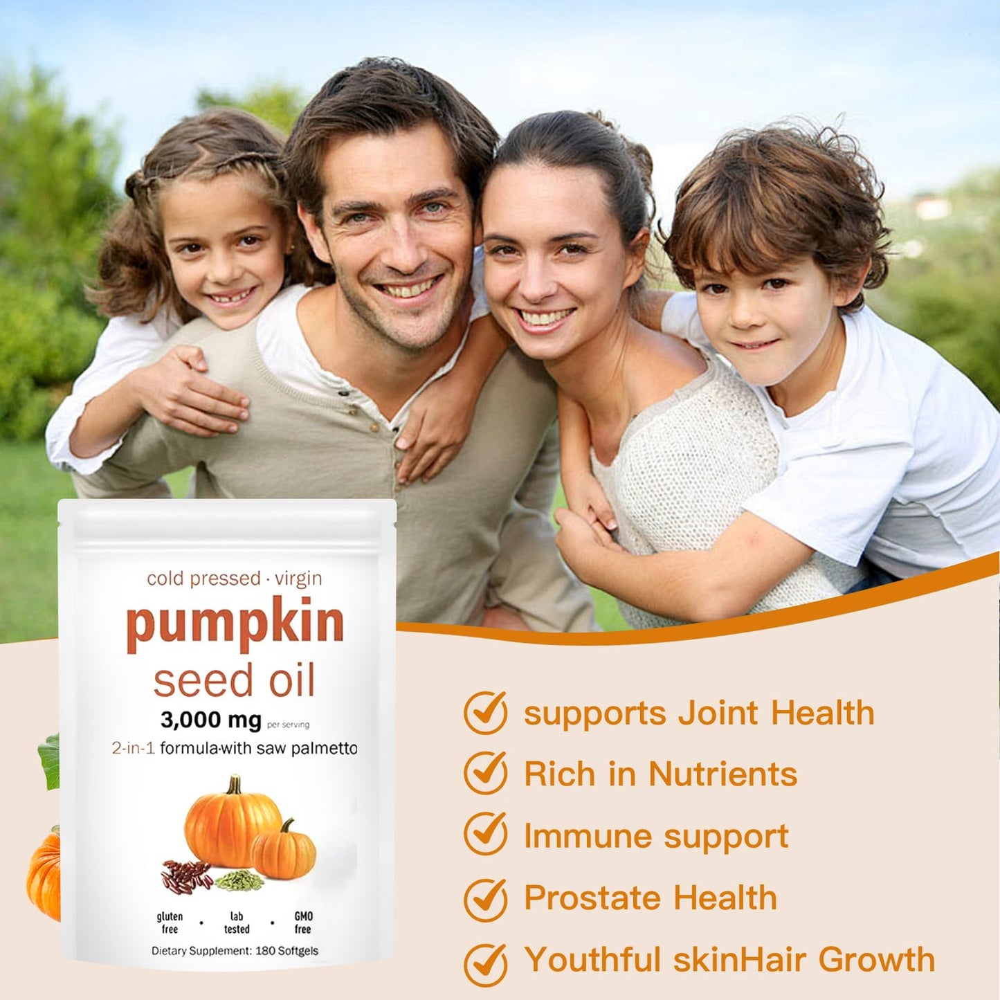 Pumpkin Seed Oil 2-in-1 with Saw Palmetto – 180 Softgels (3000mg per serving) – Prostate, Urinary & Hair Health | Non-GMO