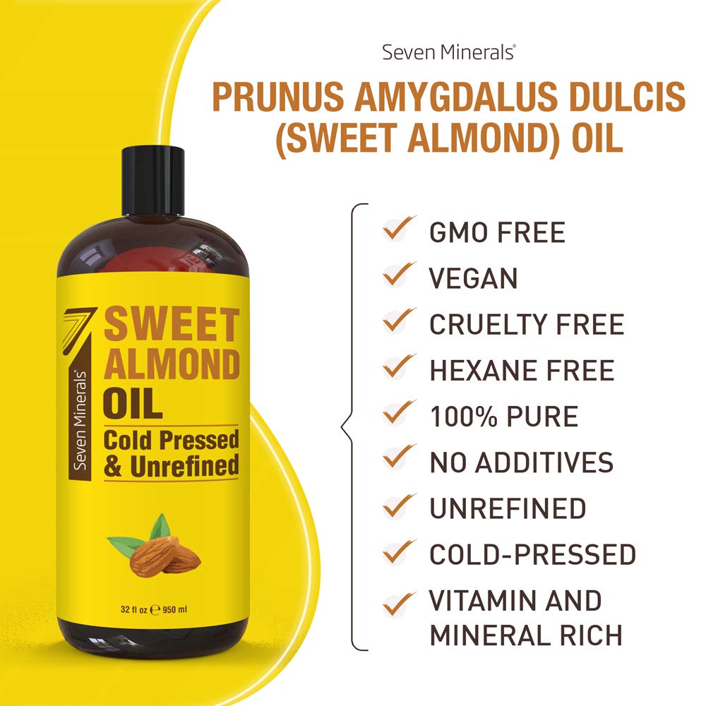 Seven Minerals Pure Cold Pressed Sweet Almond Oil – 32 oz Unrefined Carrier Oil for Skin & Hair
