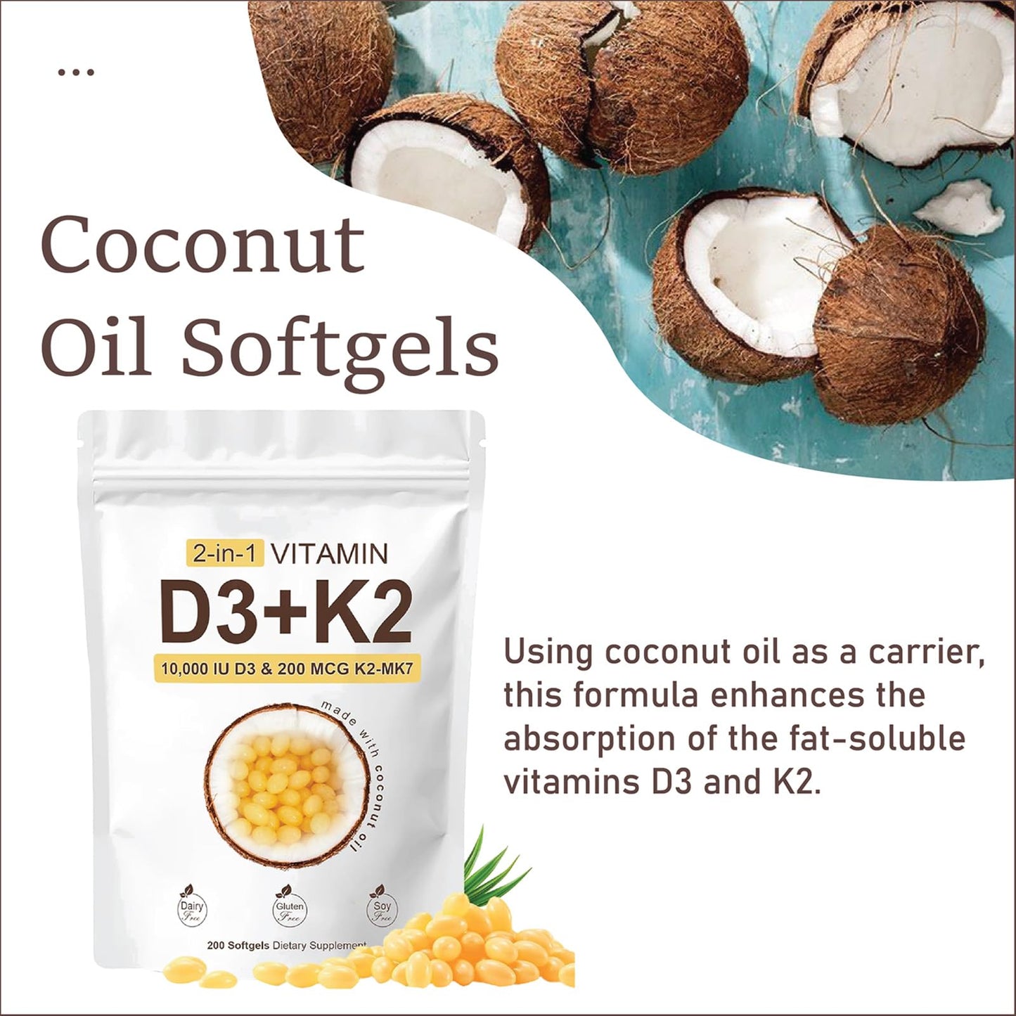 COLEPSW RealGood D3 K2 10000 IU – Coconut Oil Softgels, MK-7, 200 Softgels