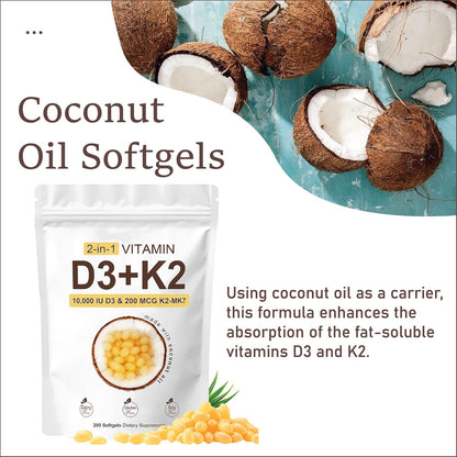 COLEPSW RealGood D3 K2 10000 IU – Coconut Oil Softgels, MK-7, 200 Softgels