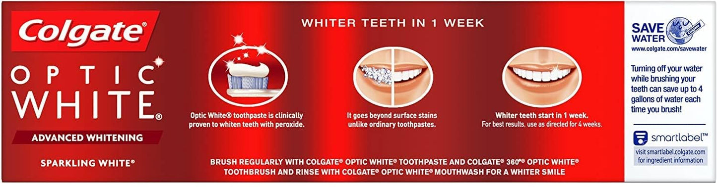 Colgate Optic White Advanced Teeth Whitening Toothpaste – Sparkling White 4.2 oz, 5 Pack (Total 21 oz)