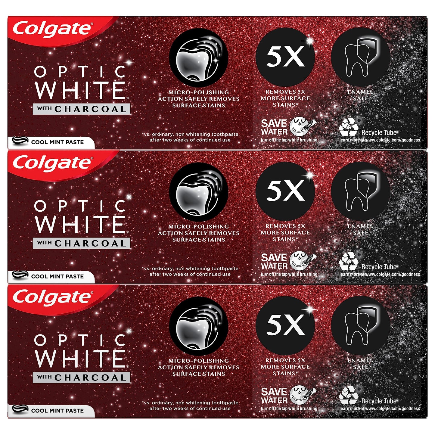 Colgate Optic White Charcoal Toothpaste, 3 Pack, Cool Mint - Enamel-Safe