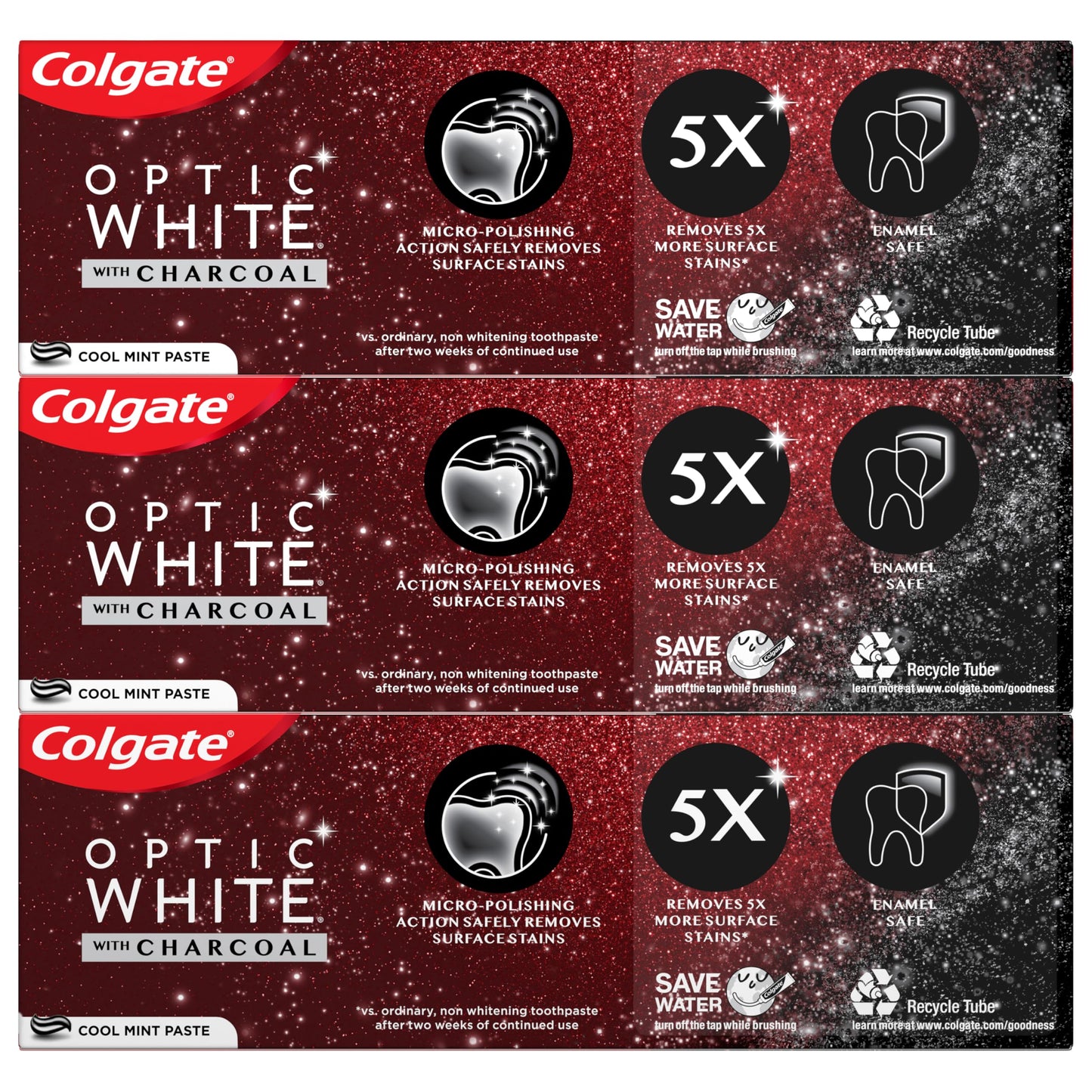 Colgate Optic White Charcoal Toothpaste, 3 Pack, Cool Mint - Enamel-Safe
