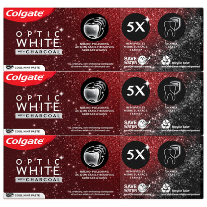 Colgate Optic White Charcoal Toothpaste, 3 Pack, Cool Mint - Enamel-Safe