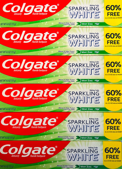 Colgate Sparkling White Whitening Toothpaste, Mint - 4 oz (6 Pack)