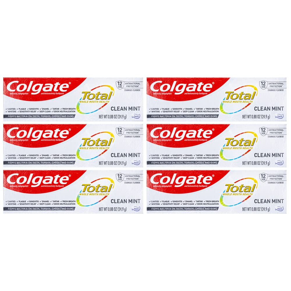Colgate Total Toothpaste, Clean Mint, Travel Size 0.88 oz (24.9g) - Pack of 6