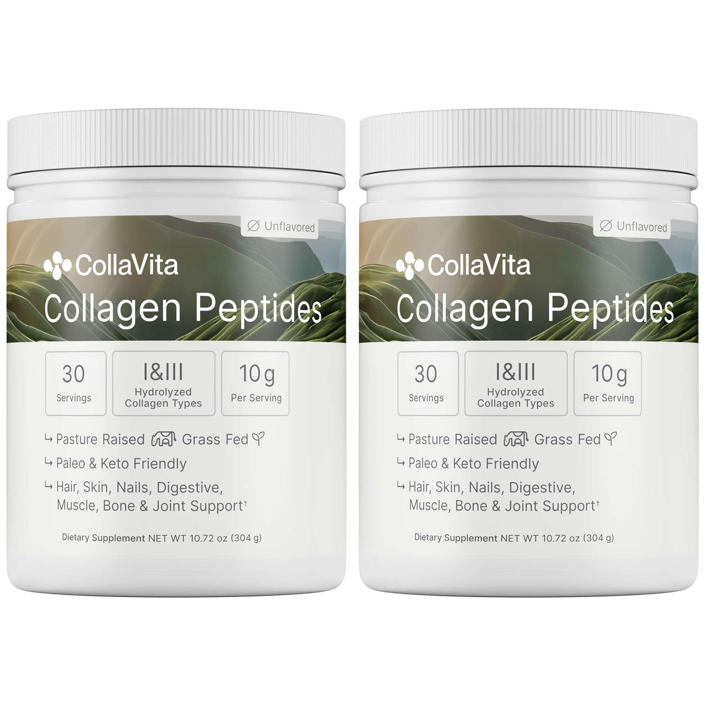 Colla Vita Collagen Peptides Powder – Grass-Fed, Hydrolyzed Type I & III, Unflavored 2 Pack (10 oz each, 30 Servings) | Hair, Skin, Nails & Joints