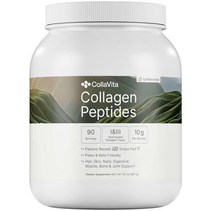 Colla Vita Collagen Peptides Powder - Grass-Fed, Pasture-Raised, Hydrolyzed Type I and III - Unflavored, 32 oz, 90 Servings