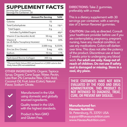 Collagen Gummies with Biotin (2500mcg) – Hair, Skin & Nails – Lemon, 30 Servings