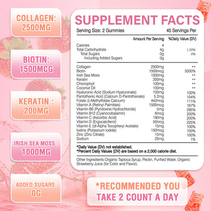180 Count Collagen Gummies 2500mg – Biotin, Keratin, Hyaluronic Acid, Strawberry
