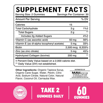 Collagen Gummies for Women – 200 mg Collagen + 2500 mcg Biotin, Vitamin C/E/Zinc | 60 Count | Non-GMO