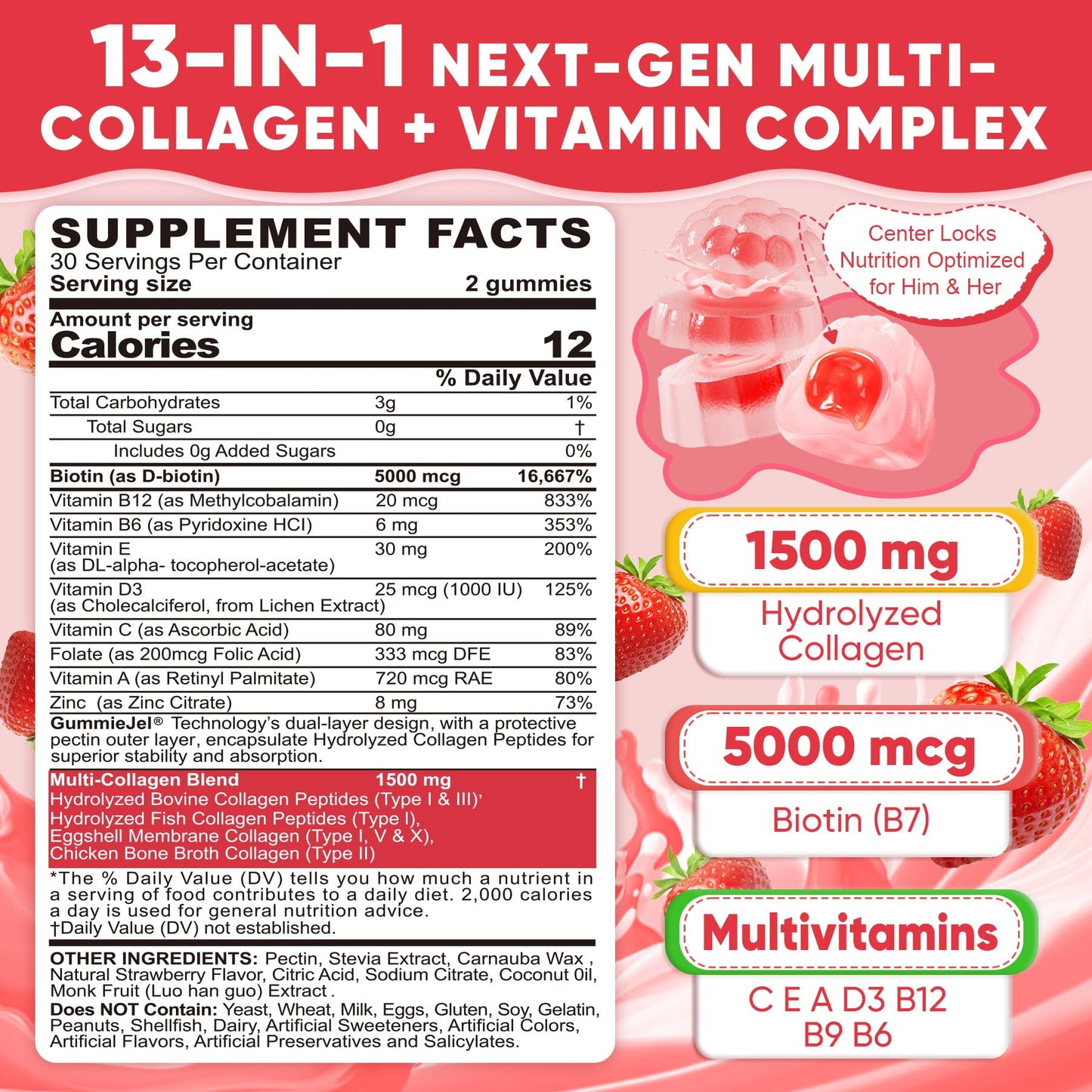 Collagen Peptide Gummies – Sugar-Free Multi-Collagen 1500mg | Biotin 5000mcg | Vitamins for Skin, Hair & Nails | 60 Gummies
