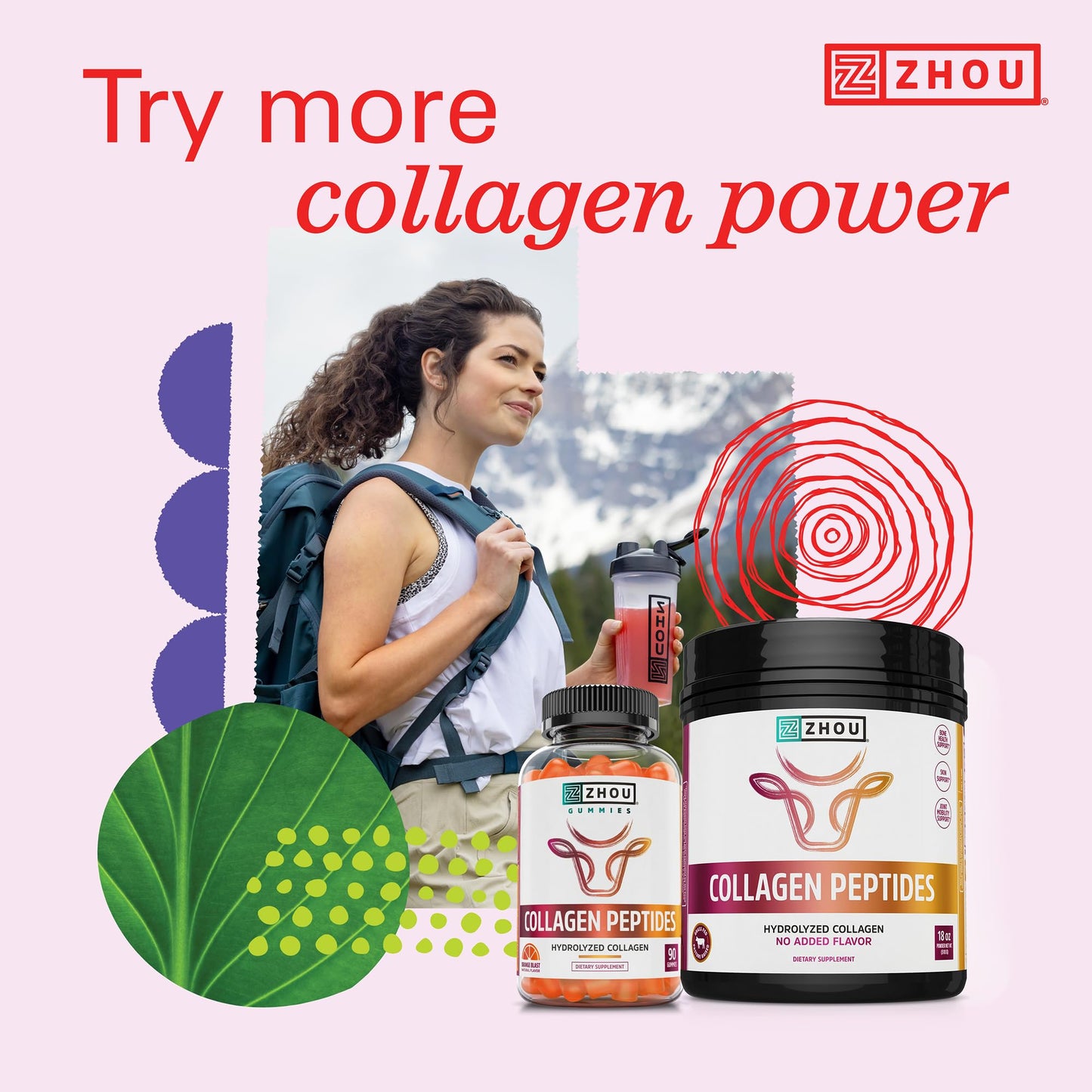 Zhou Collagen Peptides – Grass-Fed Bovine Collagen Powder for Skin, Hair, Joints | 18 oz Jar