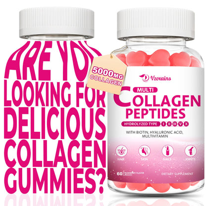 Collagen Peptides Gummies 5000MG – Strawberry Sugar Free | Biotin, Hyaluronic Acid, Vitamin C (Types I–X)