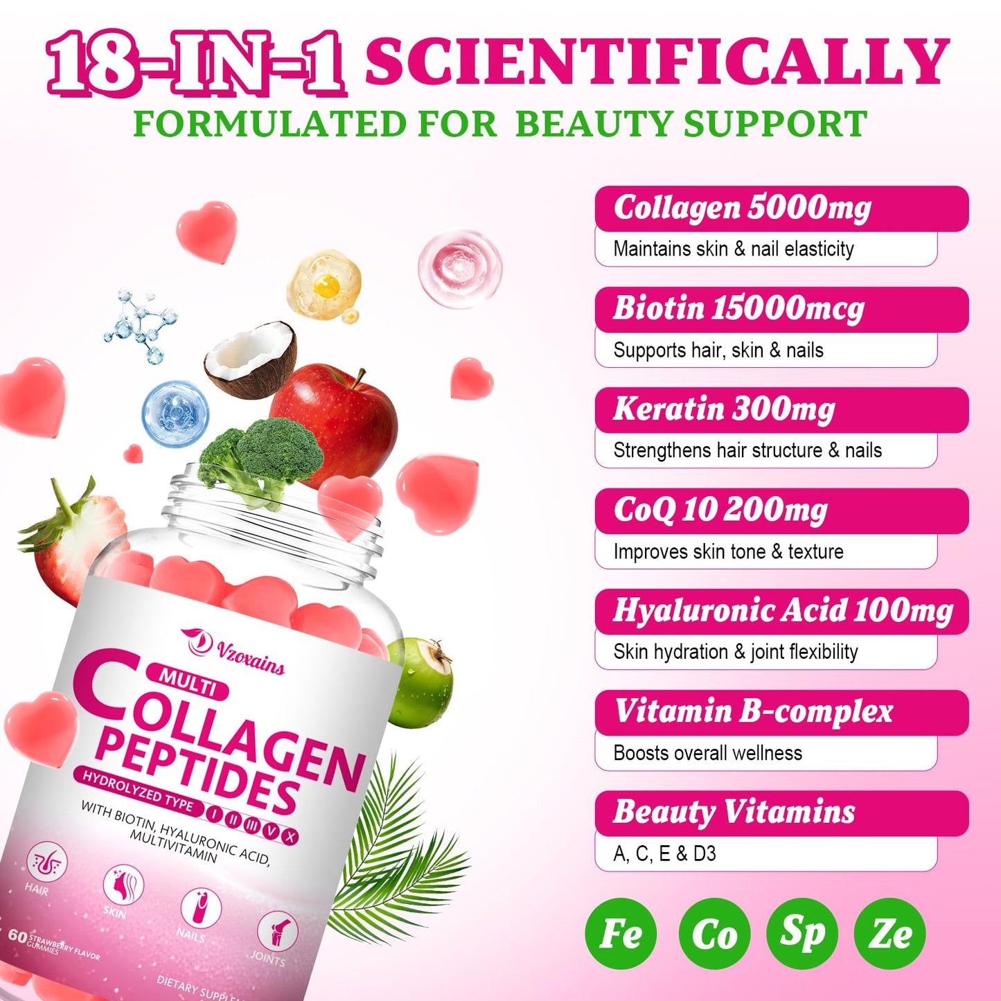 Collagen Peptides Gummies 5000MG – Strawberry Sugar Free | Biotin, Hyaluronic Acid, Vitamin C (Types I–X)